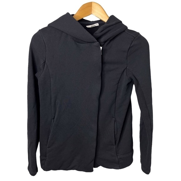 James Perse Hooded Fleece Zip Up Jacket Sweatshirt Black Size 2 Asymmetrical - Picture 2 of 7